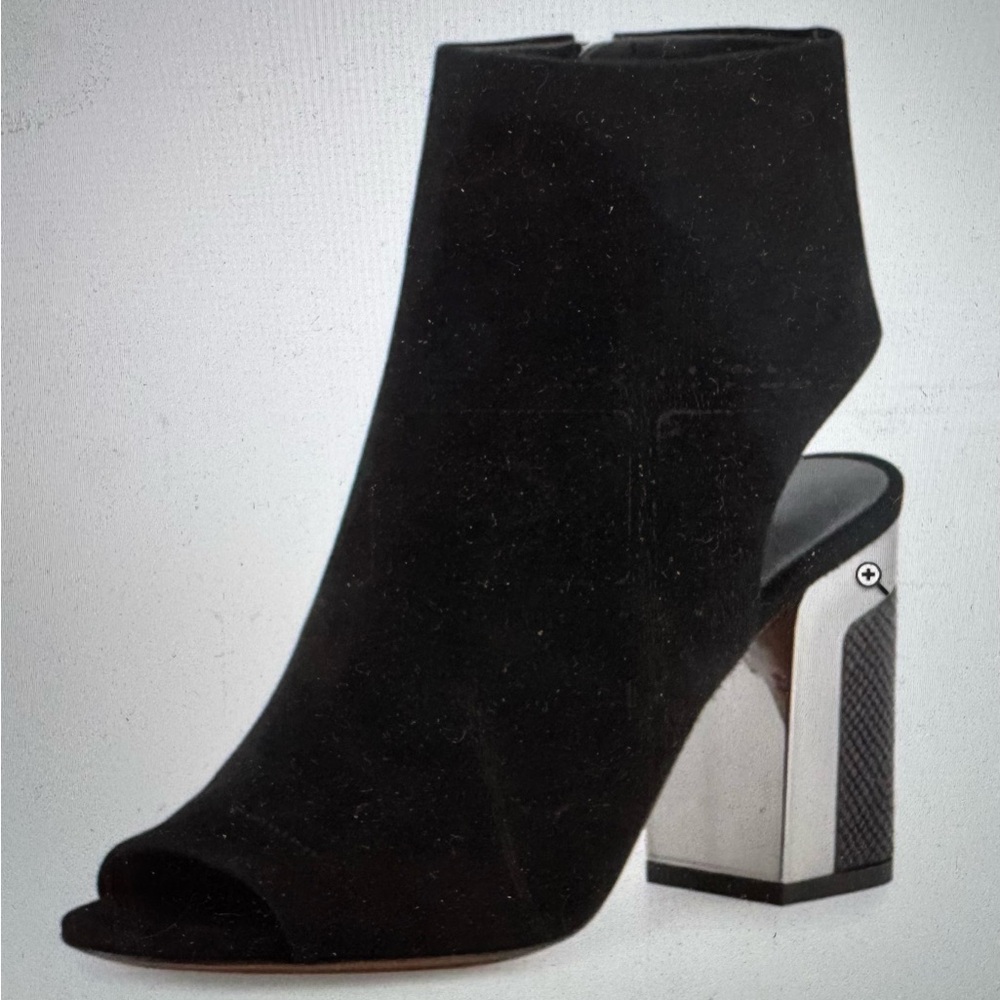 Vince Fenmore peep toe bootie in black suede with Silver Heel